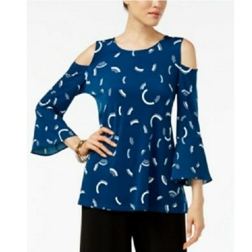 Alfani Top Blue Geometric Cold Shoulder M New